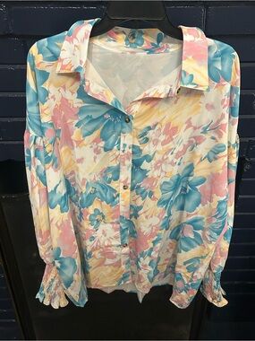Pastel Floral Button-Down Blouse in Pink, Blue & Cream